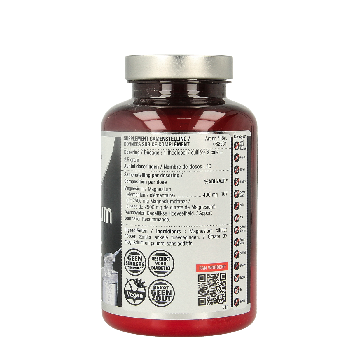 Lucovitaal Magnesium Citraat powder in a 100g package, showing the mineral supplement with the product label.