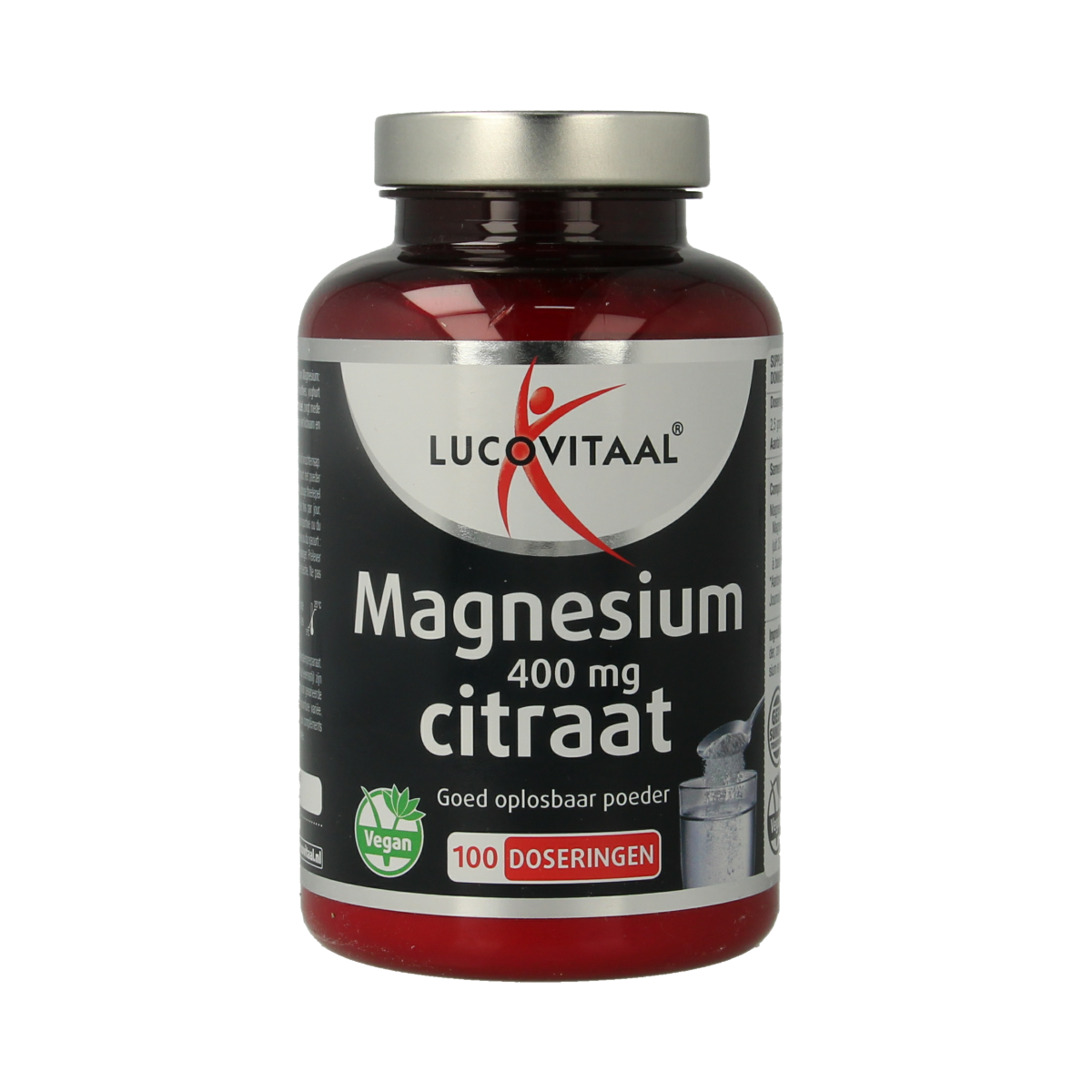 Lucovitaal Magnesium Citraat powder in a 250g container, showing the mineral supplement packaging and label.