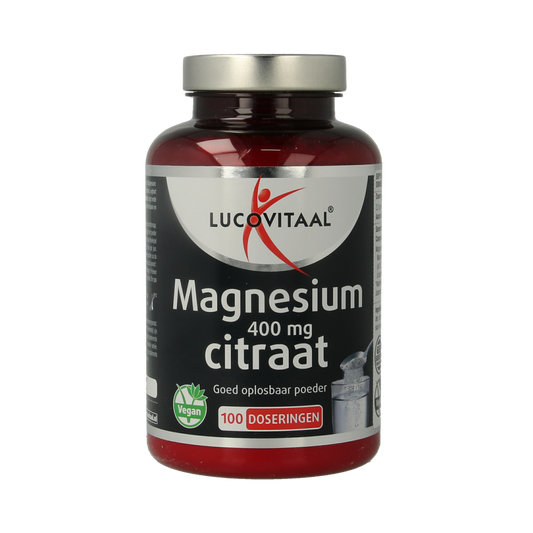 Lucovitaal Magnesium Citraat powder in a 250g container, showing the mineral supplement packaging and label.