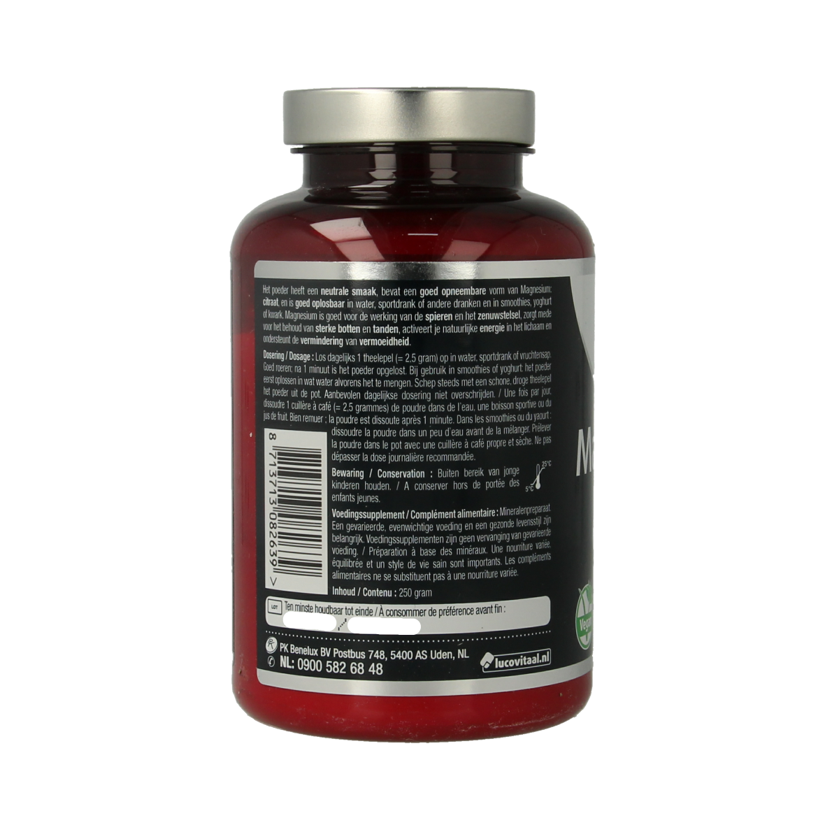 Lucovitaal Magnesium Citraat powder in 250g jar, mineral supplement with 400mg magnesium citraat for muscle support.