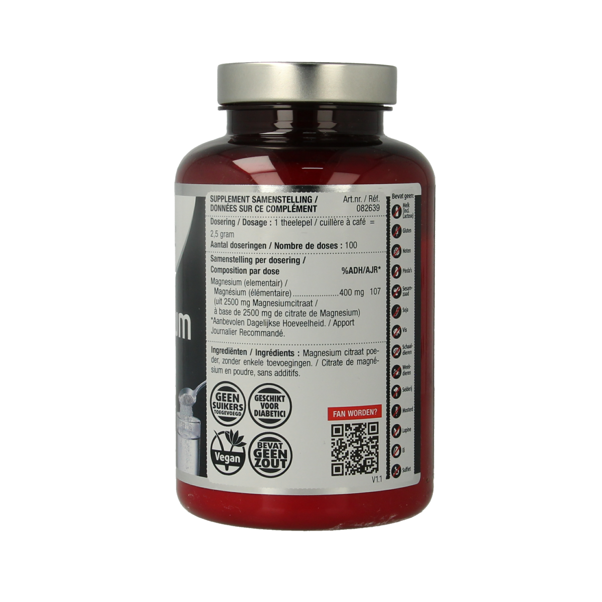 Lucovitaal Magnesium Citraat powder in a 250g container, showing the mineral supplement packaging and label.