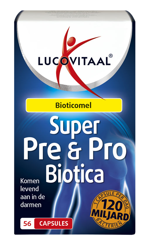 Lucovitaal Super pre & probiotica capsules with 120 billion micro-organisms, showing a close-up of the capsule bottle.