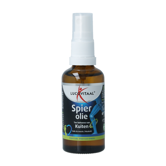 Vegan Lucovitaal spierolie voor kuiten, 50ml, lichaamsverzorging met natuurlijke ingrediënten, zichtbaar in de fles.