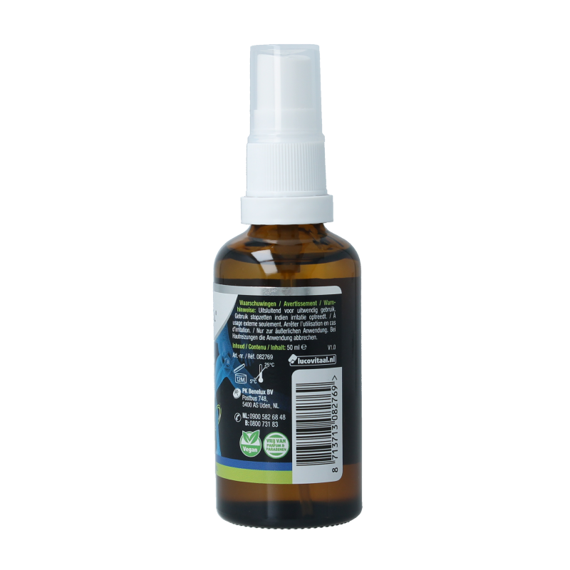 Vegan Lucovitaal spierolie voor kuiten, 50ml, in een glazen fles met een groene dop en label, voor lichaamsverzorging.