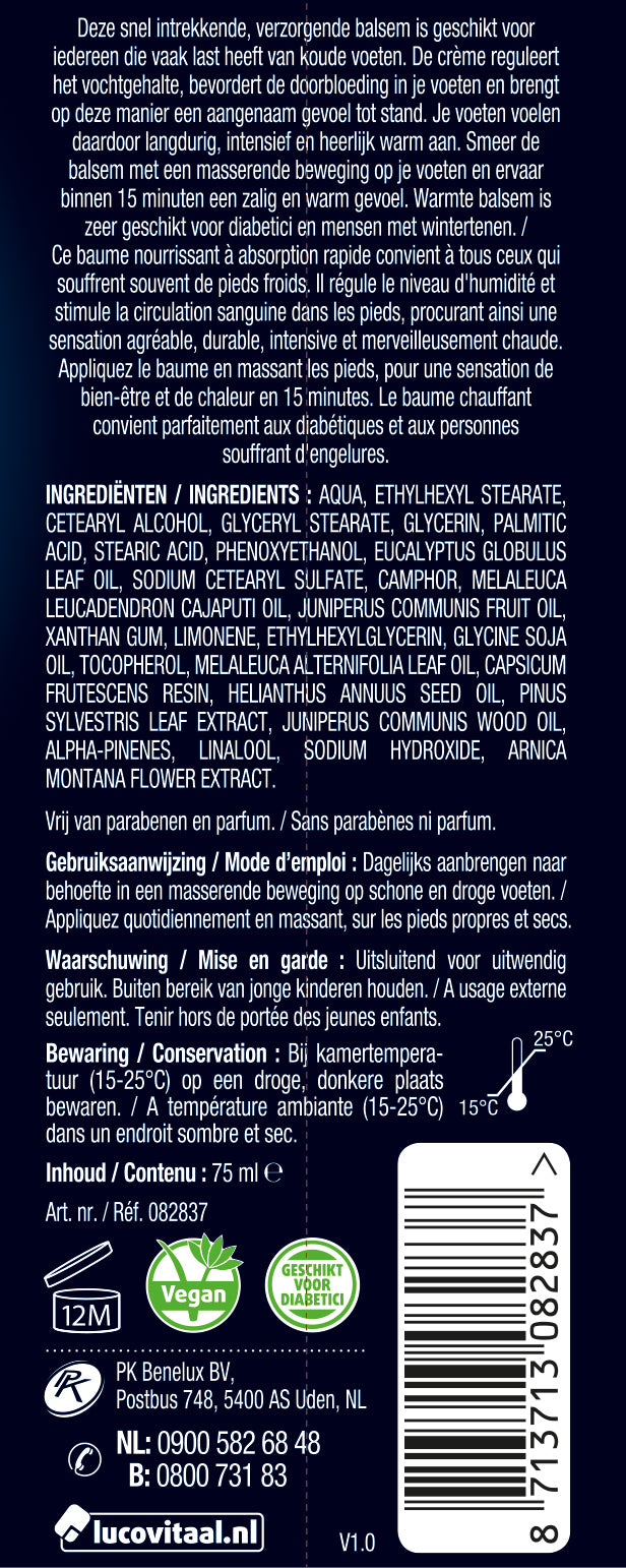 Lucovitaal Voeten warmte balsem 75ml jar, foot care product with soothing cream for foot warmth and comfort.