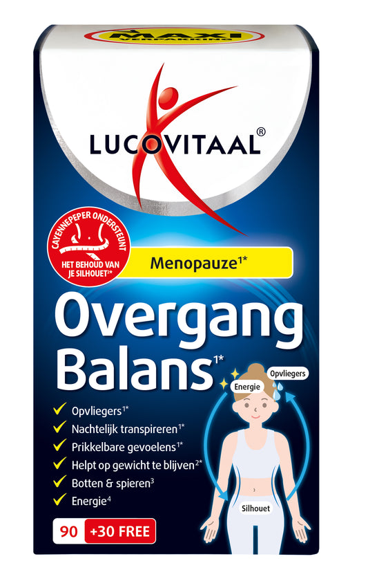Lucovitaal Overgang Balans herbal supplement box with 120 tablets, natural herbal remedy for menopause symptoms.