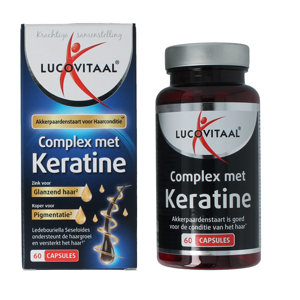 Box of Lucovitaal Keratine Complex supplement with 60 capsules, featuring the mineral multivitamin product on the label.