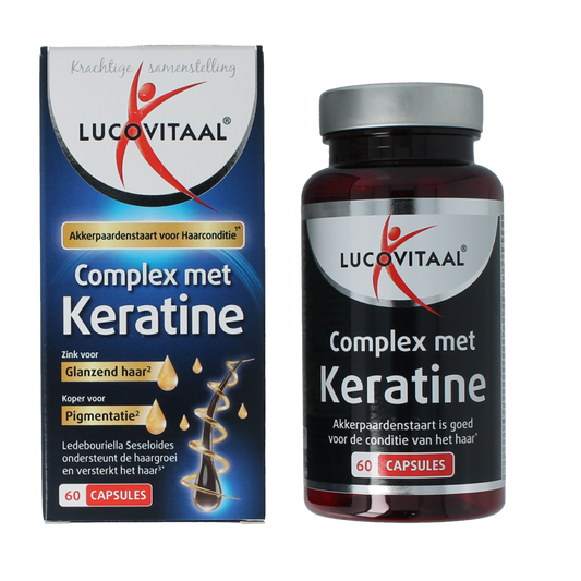 Box of Lucovitaal Keratine Complex supplement with 60 capsules, featuring the mineral multivitamin product on the label.