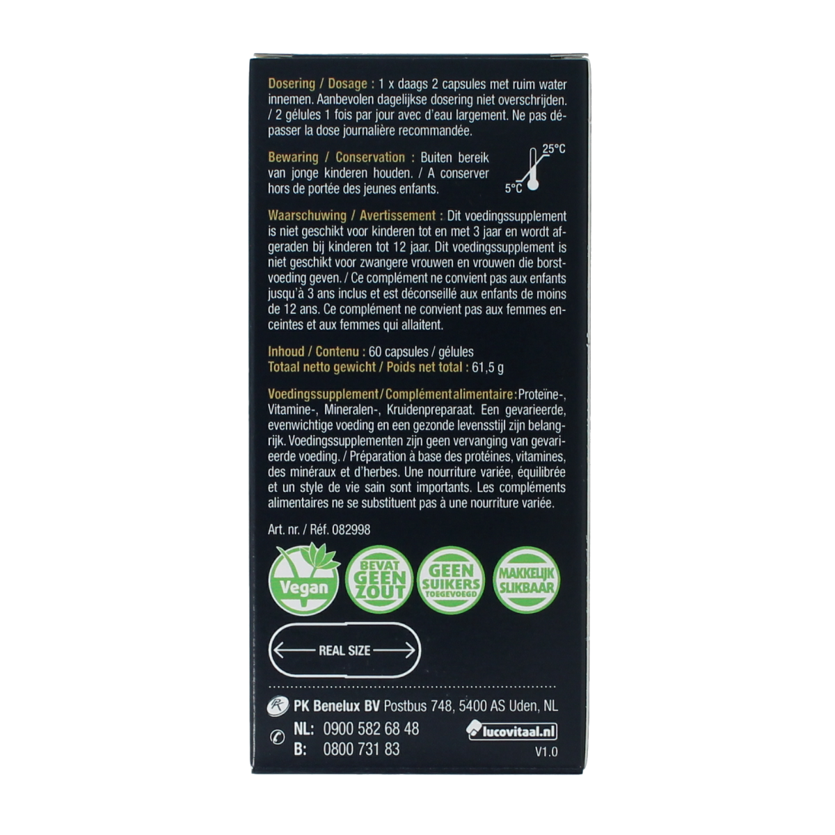 Lucovitaal Keratine Complex mineral supplement in a bottle of 60 capsules, featuring a colorful label with product details.