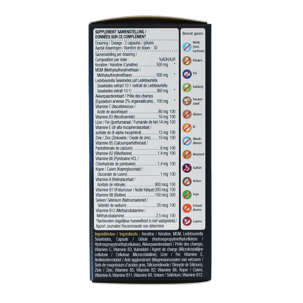 Lucovitaal Keratine Complex mineral multivitamin capsules in a bottle, showing the product label and capsules inside.