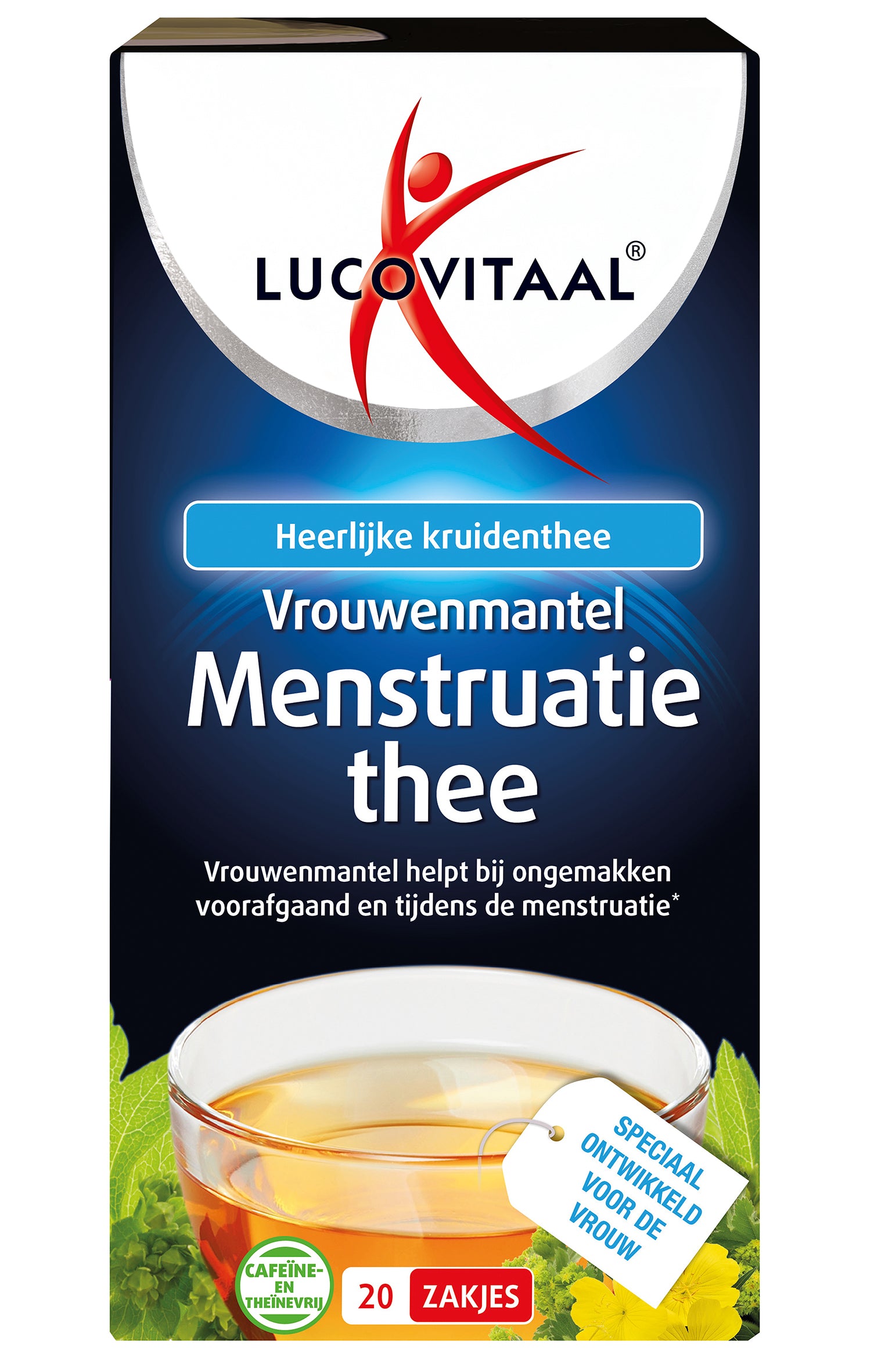 Lucovitaal Menstruatie vrouwenmantel thee in a box with 20 tea sachets, herbal tea for menstrual relief, natural remedy.