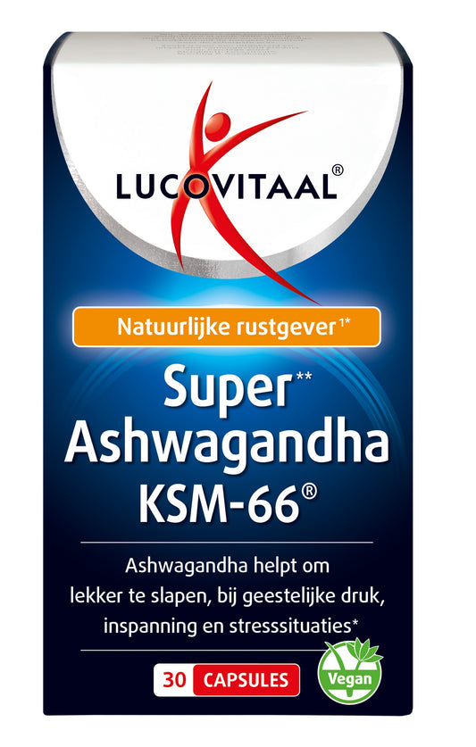 Lucovitaal Ashwagandha KSM-66 capsules, herbal supplement in a bottle, with 30 capsules for stress relief and relaxation.