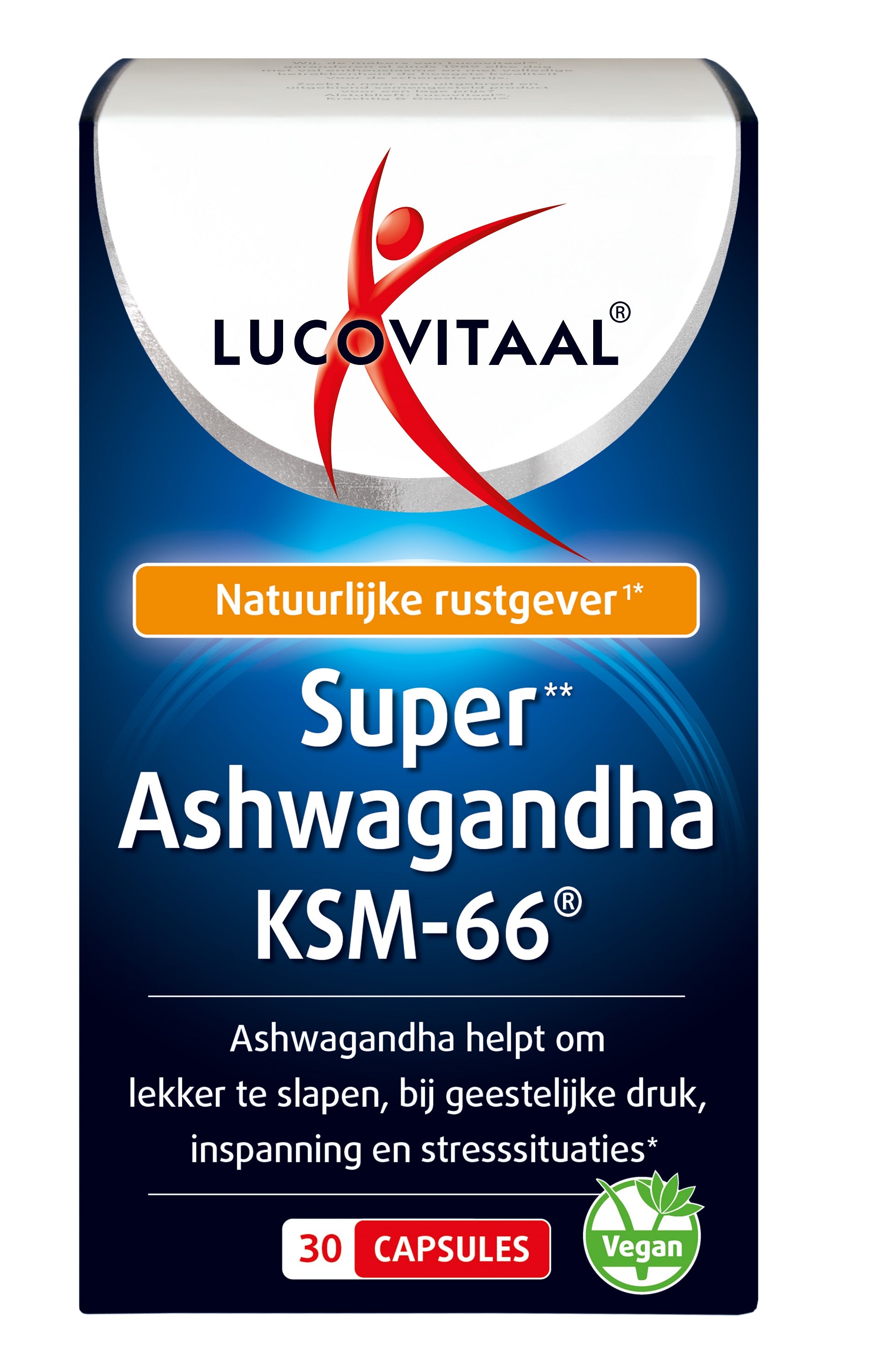 Lucovitaal Ashwagandha KSM-66 capsules in a bottle, herbal supplement for stress relief and overall wellness.