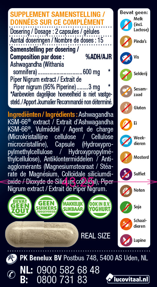 Lucovitaal Ashwagandha KSM-66 capsules, herbal supplement in a bottle with 30 capsules, natural herbal remedy for stress support