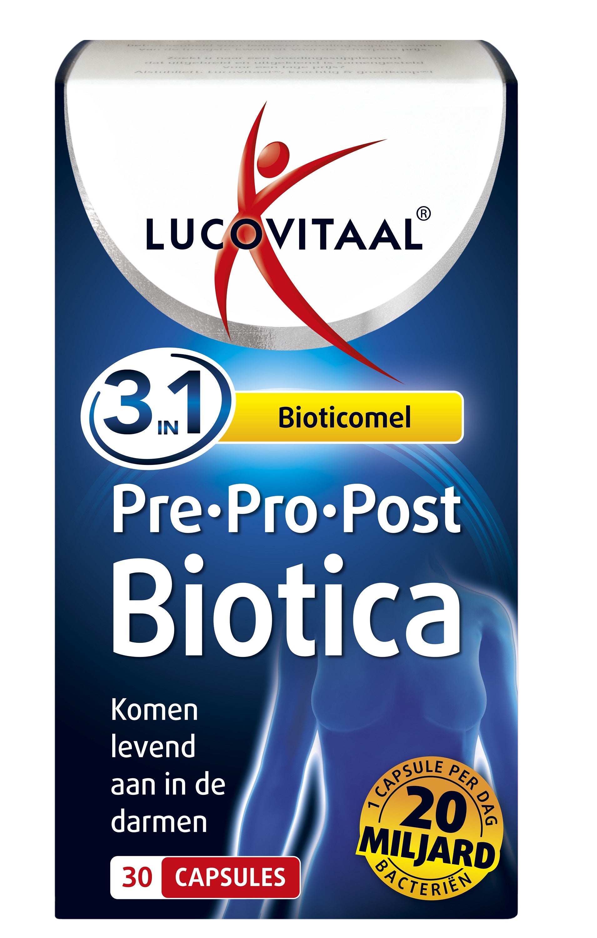 Bottle of Lucovitaal Pre Pro Post Biotica capsules containing micro-organisms, with 30 capsules visible inside the container.
