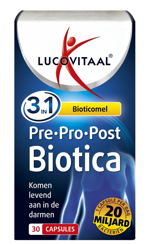 Bottle of Lucovitaal Pre Pro Post Biotica capsules containing micro-organisms, with 30 capsules visible inside the container.