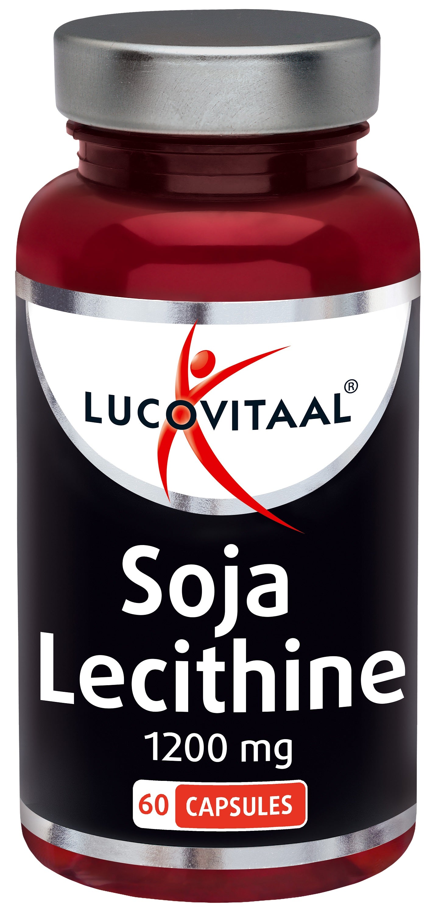 Lucovitaal Soja Lecithine 1200mg capsules, herbal supplement in a plastic bottle, showing capsules inside.