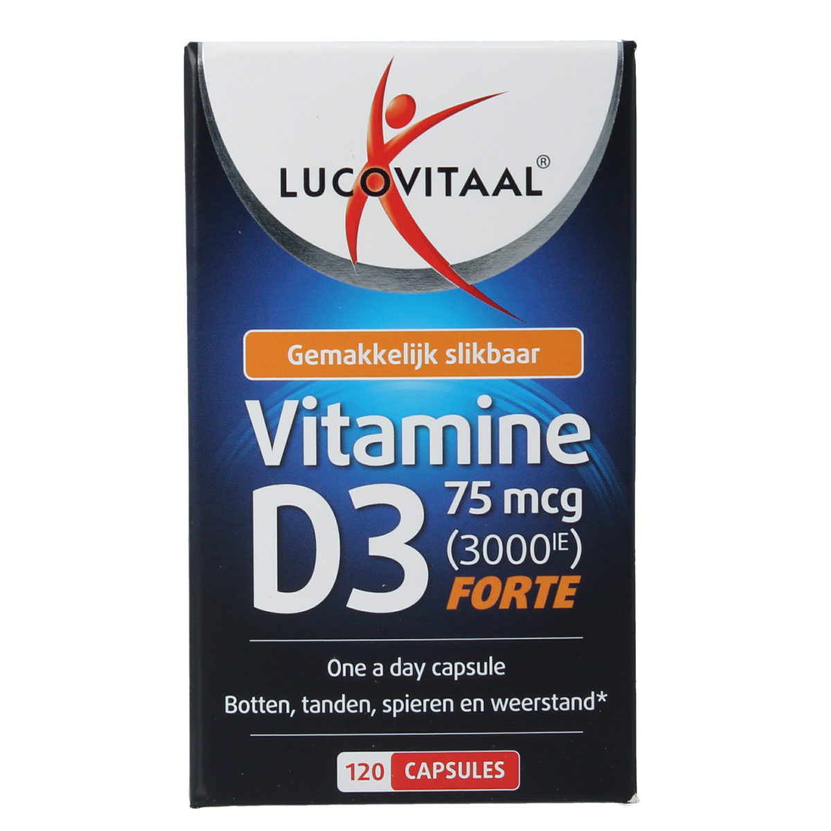 Bottle of Lucovitaal Vitamine D3 75mcg capsules, supplement with 120 capsules for immune support and bone health.