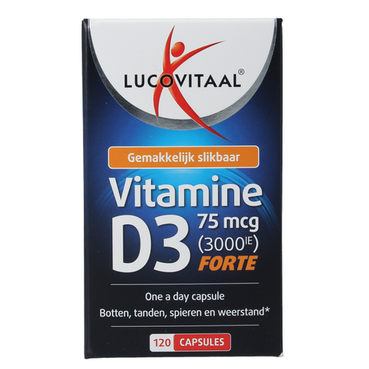 Bottle of Lucovitaal Vitamine D3 75mcg capsules, supplement with 120 capsules for immune support and bone health.