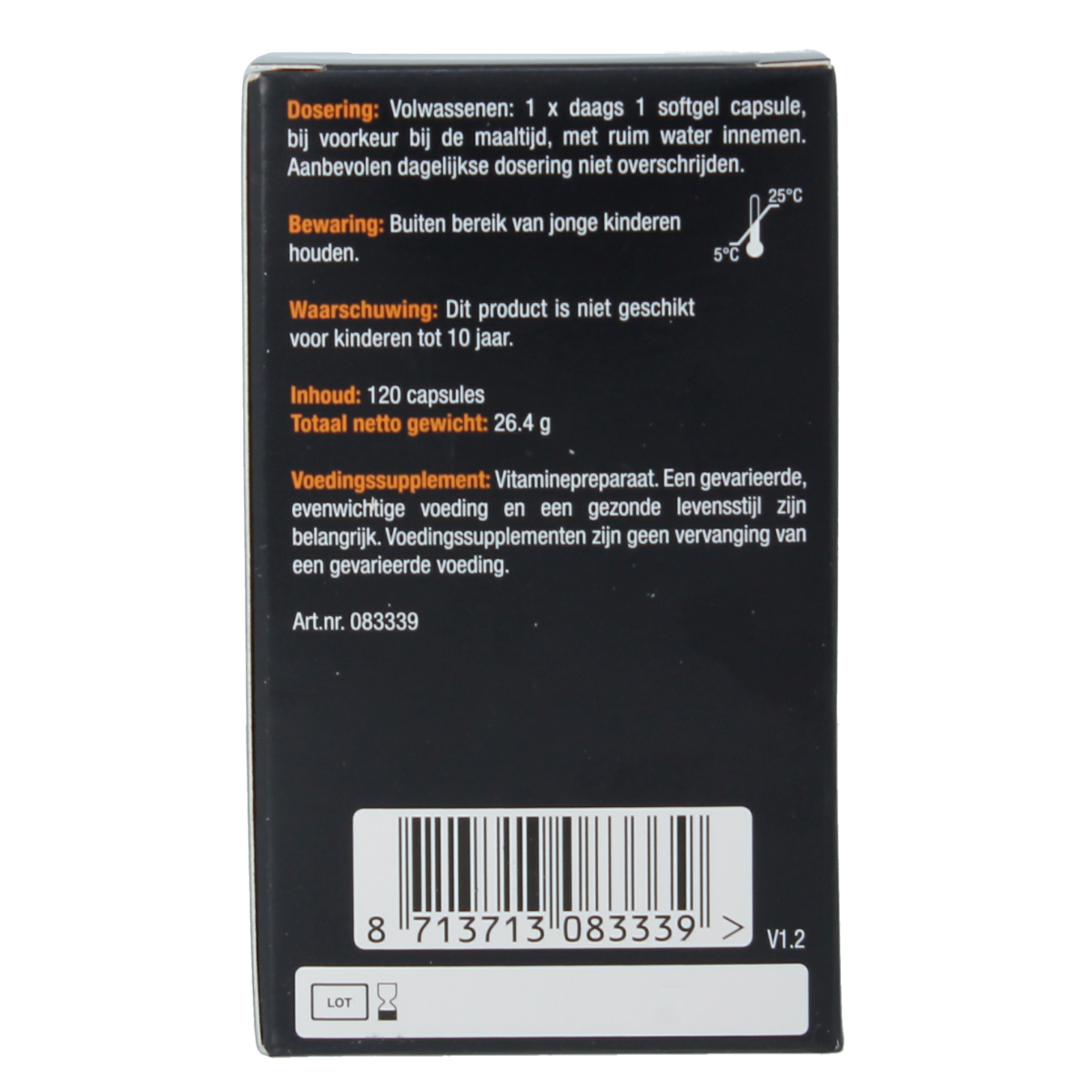 Lucovitaal Vitamine D3 75mcg capsules, close-up of the bottle with 120 capsules, showing the supplement packaging.