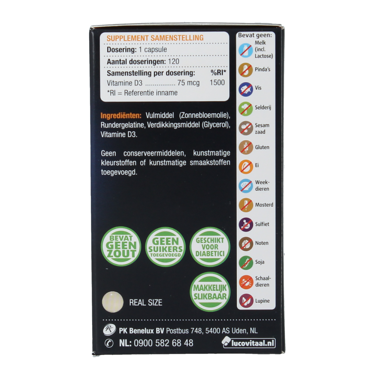 Lucovitaal Vitamine D3 75mcg capsule bottle, dietary supplement for bone health, with 120 capsules in the image.
