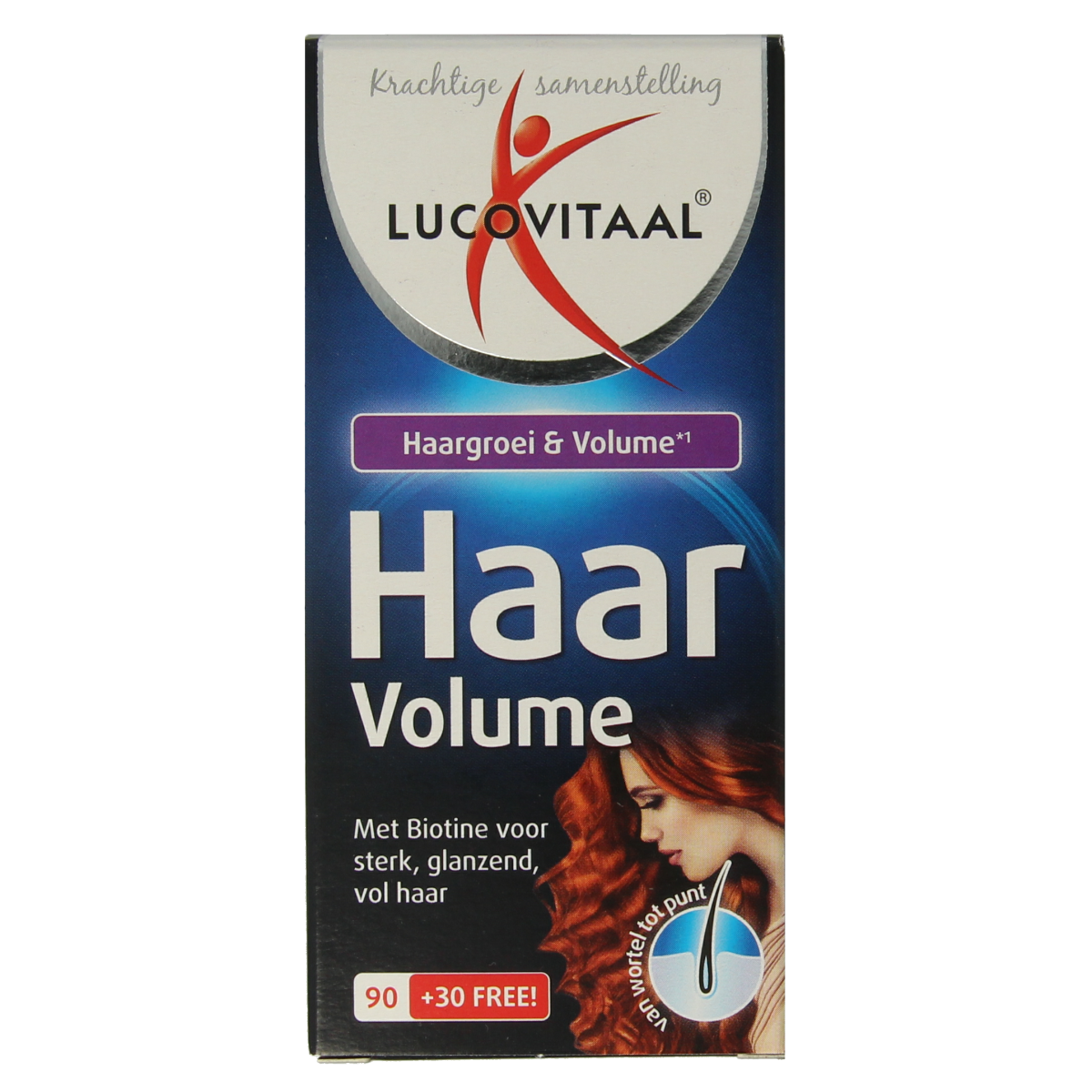 Lucovitaal Haar Volume Max capsules in a bottle, herbal supplement for hair health and volume, 120 capsules.