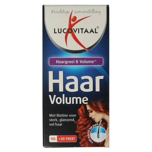 Lucovitaal Haar Volume Max capsules in a bottle, herbal supplement for hair health and volume, 120 capsules.