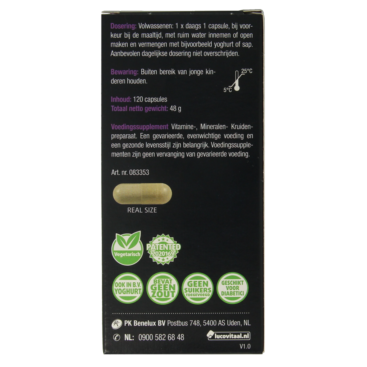 Lucovitaal Haar Volume Max capsules in a bottle, herbal supplement for hair health and volume, 120 capsules.