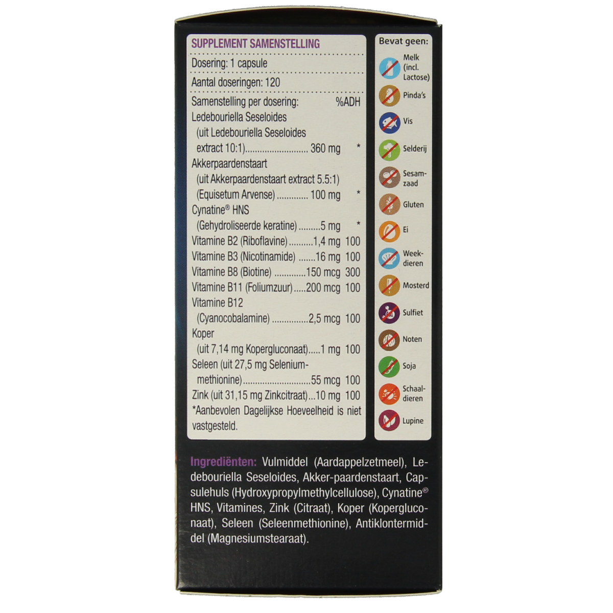 Lucovitaal Haar Volume Max capsules in a plastic bottle, featuring herbal supplement packaging with product label and capsules inside.