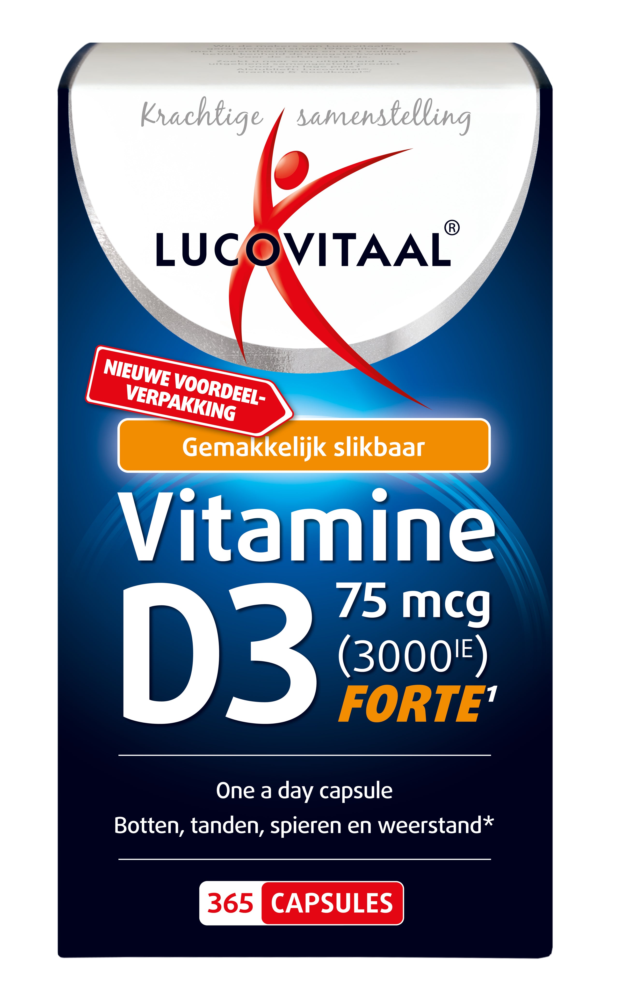 Lucovitaal Vitamin D3 75mcg (3000IU) capsules, dietary supplement in a clear bottle with orange and white label.