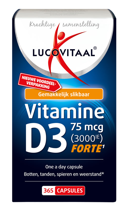 Lucovitaal Vitamin D3 75mcg (3000IU) capsules, dietary supplement in a clear bottle with orange and white label.