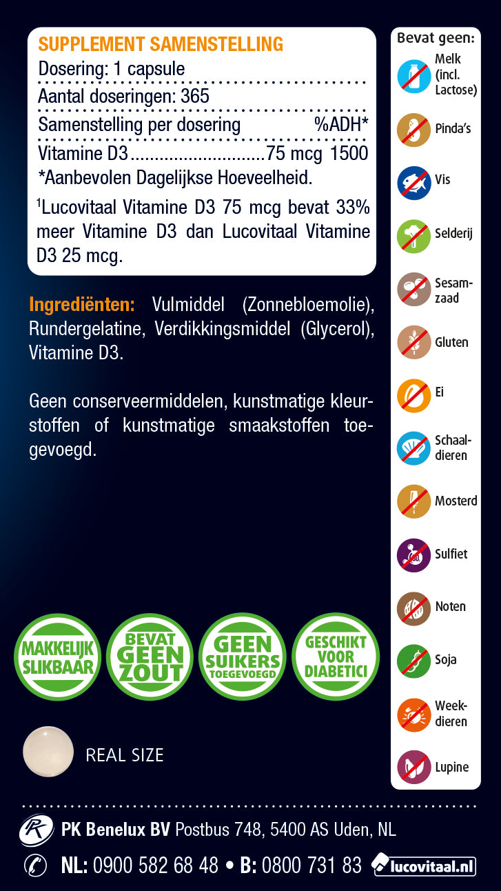 Lucovitaal Vitamin D3 75mcg (3000IU) capsules, natural supplement for bone health, shown in a bottle with capsules.