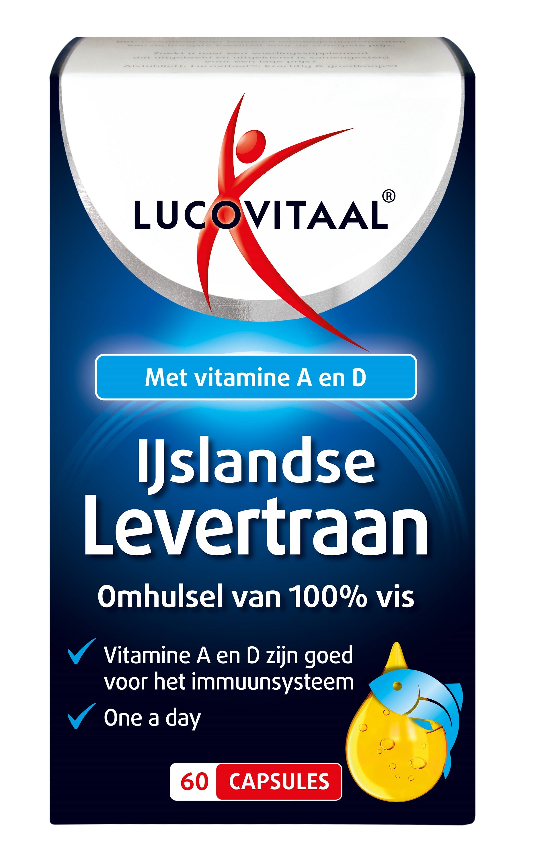 Bottle of Lucovitaal IJslands Levertraan Vetzuren capsules with 60 capsules, showing the product label and packaging.