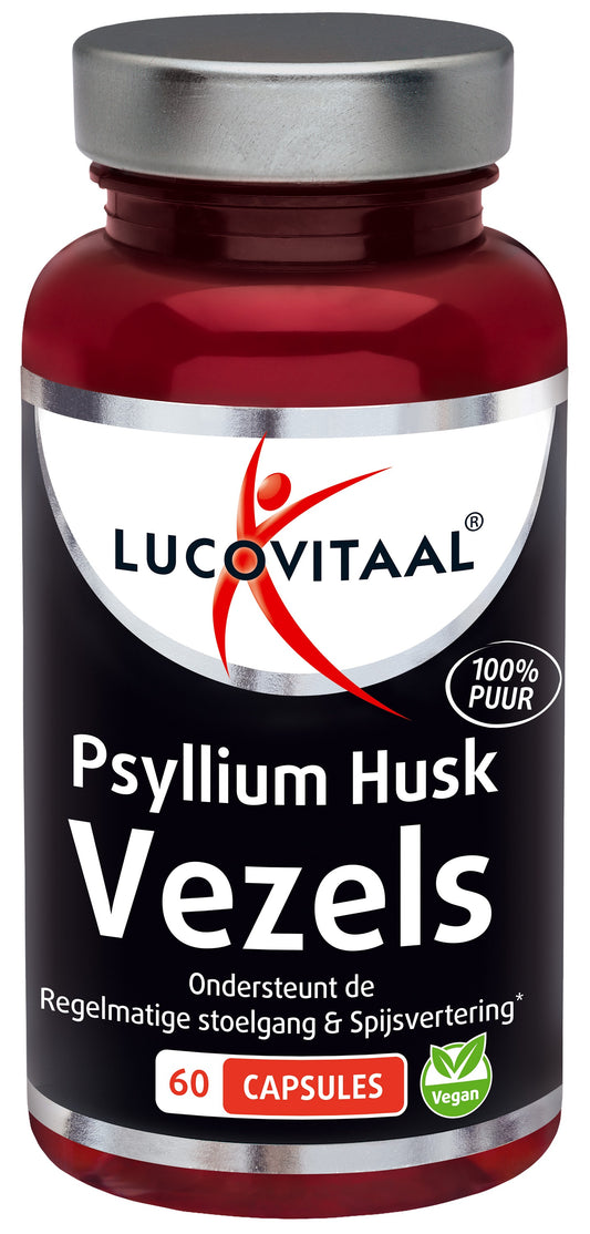 Lucovitaal Psyllium Husk Capsules, herbal supplement in a bottle with 60 capsules, used for digestive health and fiber support.