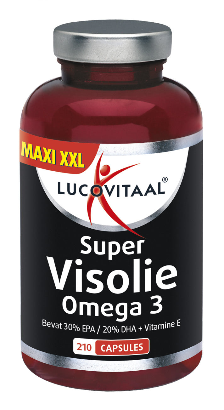 Lucovitaal Visolie Super Omega 3 XXL capsules showing a bottle of omega-3 fatty acids dietary supplement.