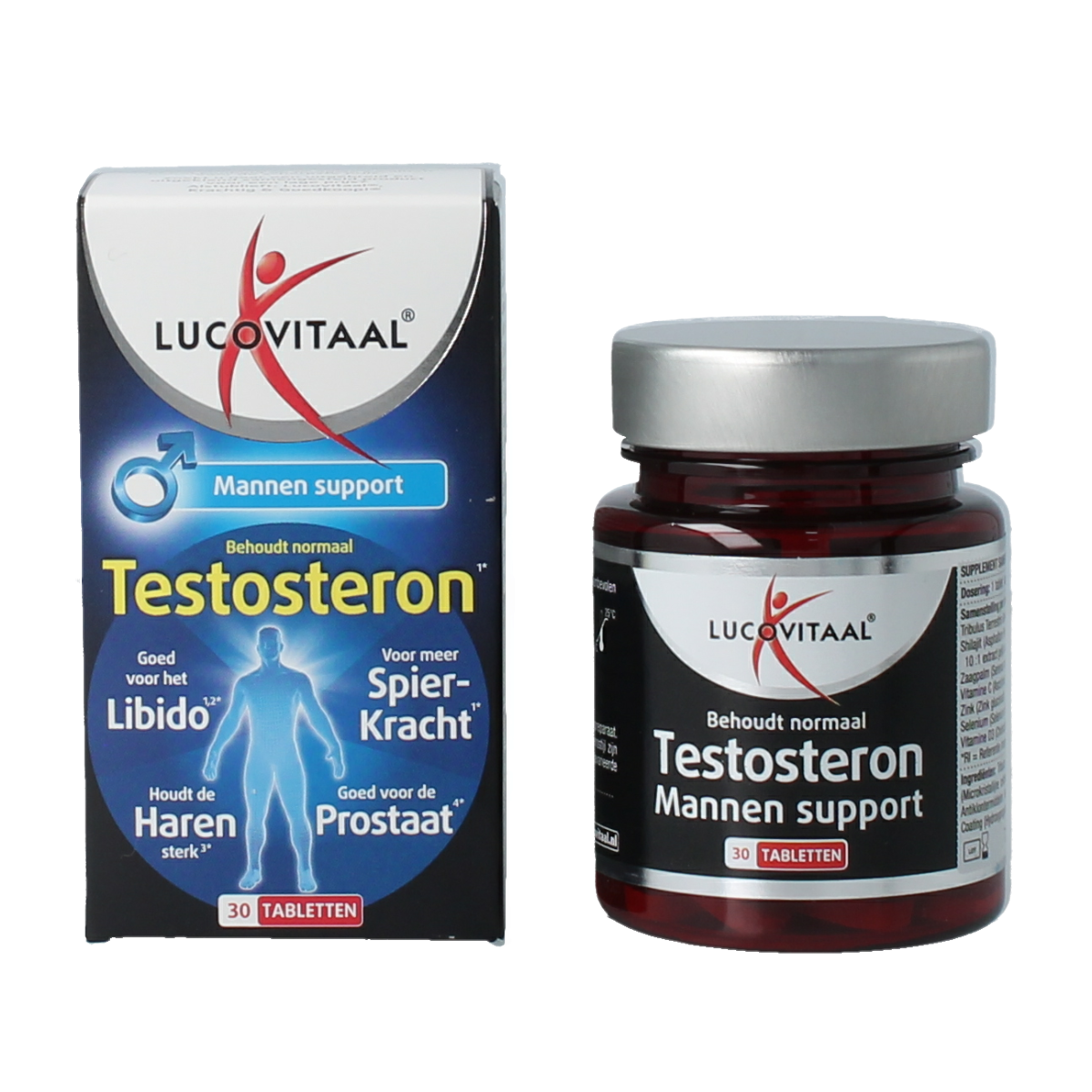 Lucovitaal Testosteron mannen support kruidenpreparaten in een doos met 30 tabletten, close-up van de verpakking en tabletten