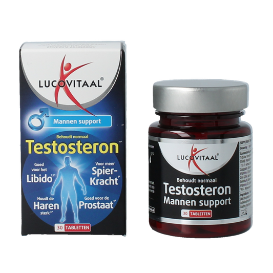 Lucovitaal Testosteron mannen support kruidenpreparaten in een doos met 30 tabletten, close-up van de verpakking en tabletten