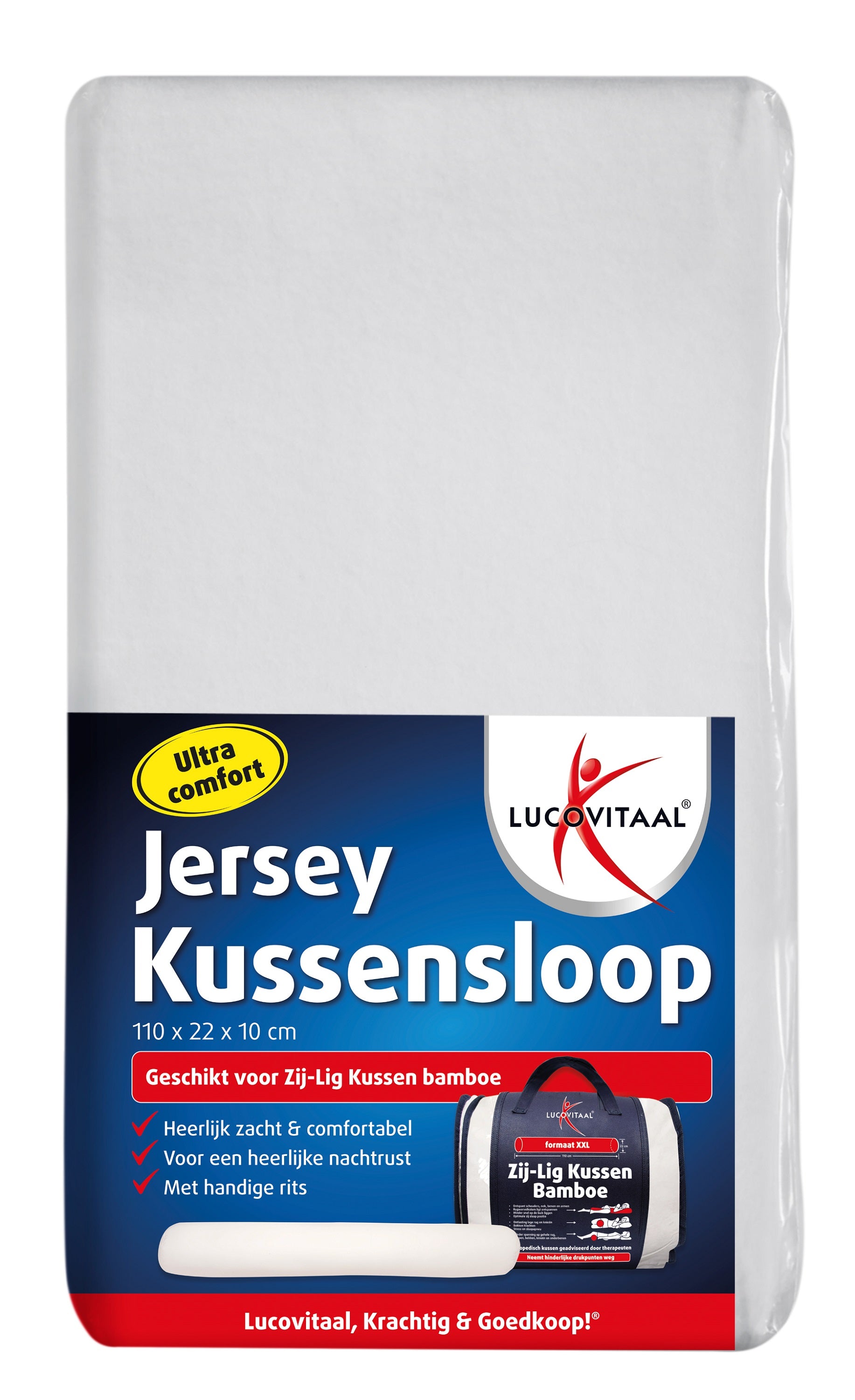 Lucovitaal Jersey zijligkussen sloop, a soft bedding cover for side sleeping pillow, in neutral color, on a bedroom bed.
