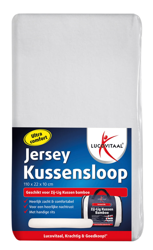 Lucovitaal Jersey zijligkussen sloop, a soft bedding cover for side sleeping pillow, in neutral color, on a bedroom bed.