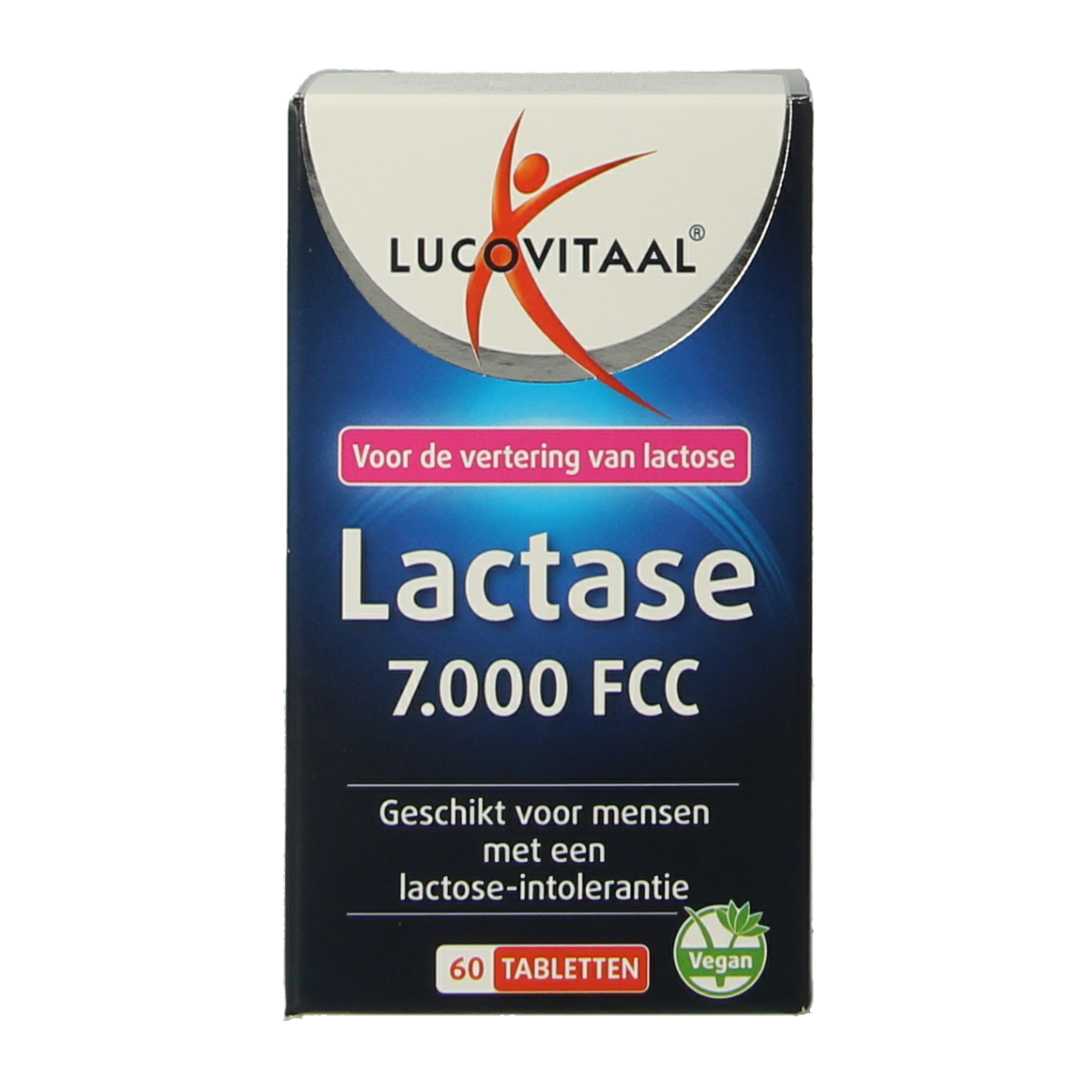 Lucovitaal Lactase 7000 FCC dietary supplement box with 60 tablets, containing fibers and enzymes for digestive support
