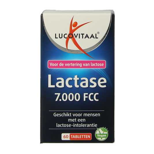Lucovitaal Lactase 7000 FCC dietary supplement box with 60 tablets, containing fibers and enzymes for digestive support