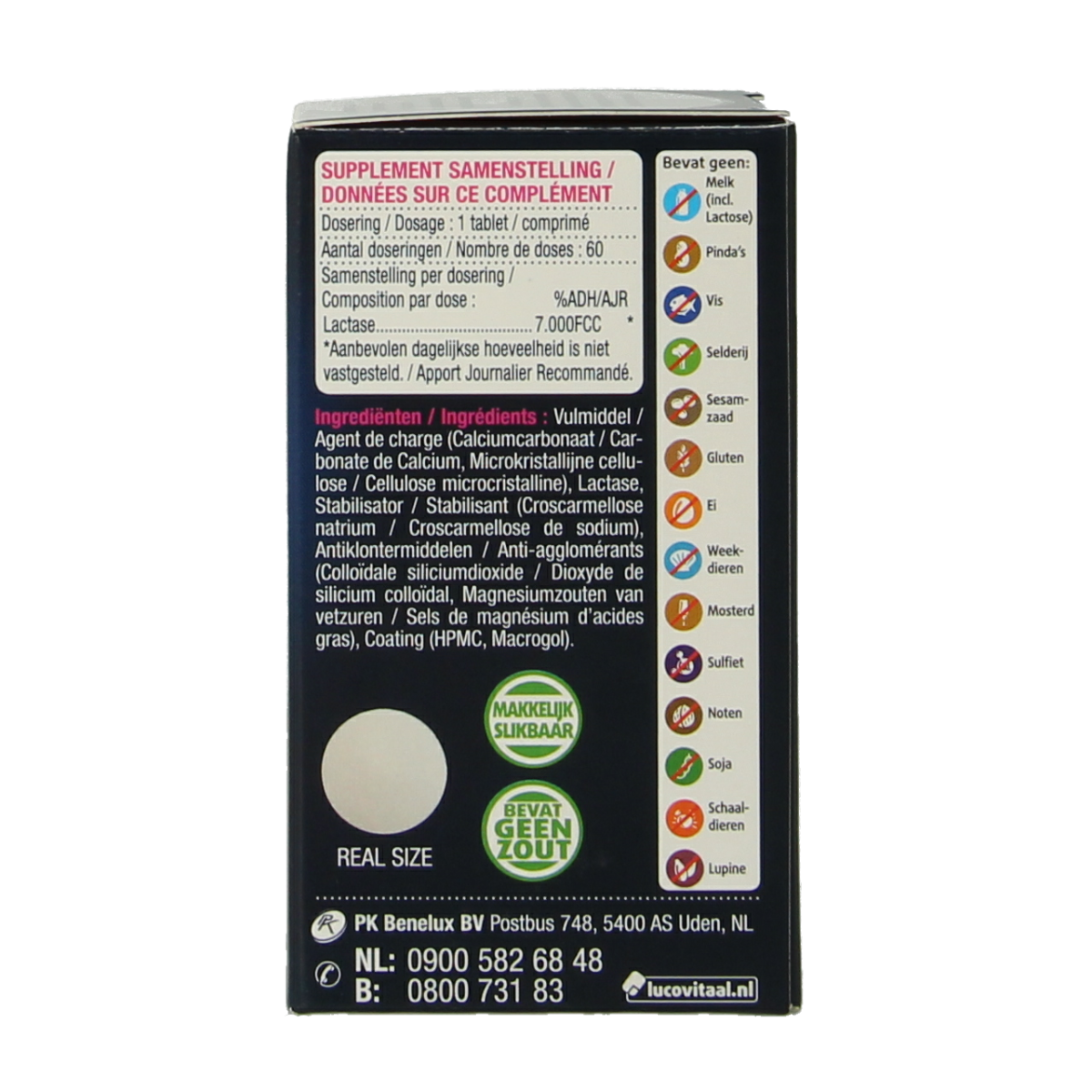 Lucovitaal Lactase 7000 FCC enzyme supplement in a bottle of 60 tablets, designed to aid digestion of dairy products.