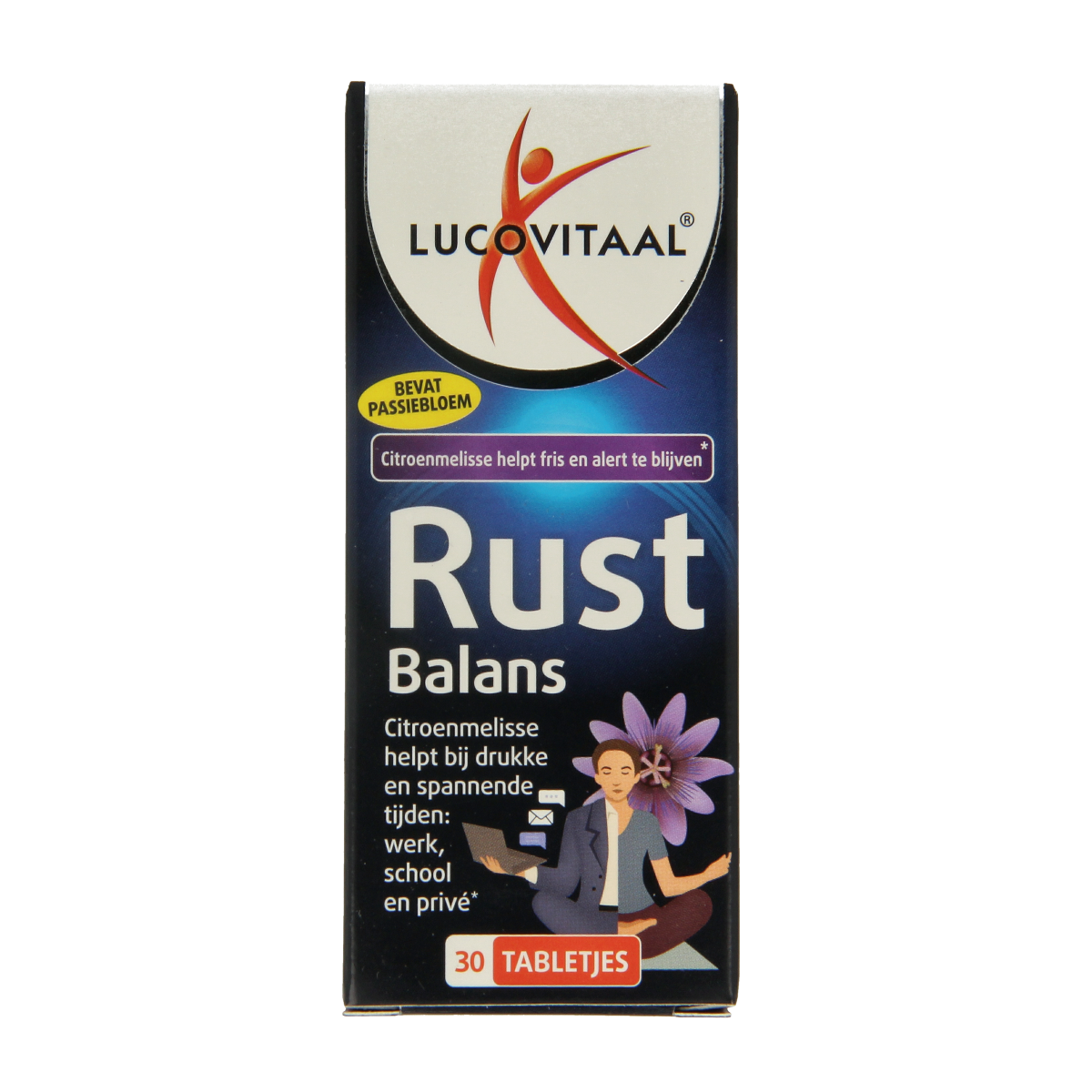 Lucovitaal Rust balans herbal supplement in a bottle of 30 tablets, featuring natural ingredients for supporting healthy liver function.