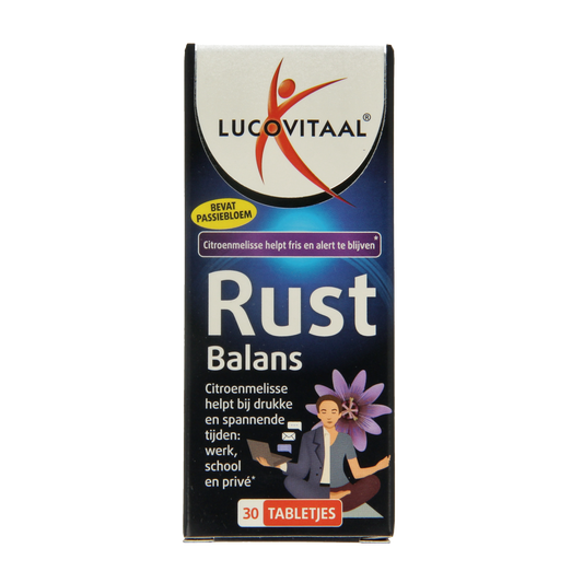 Lucovitaal Rust balans herbal supplement in a bottle of 30 tablets, featuring natural ingredients for supporting healthy liver function.