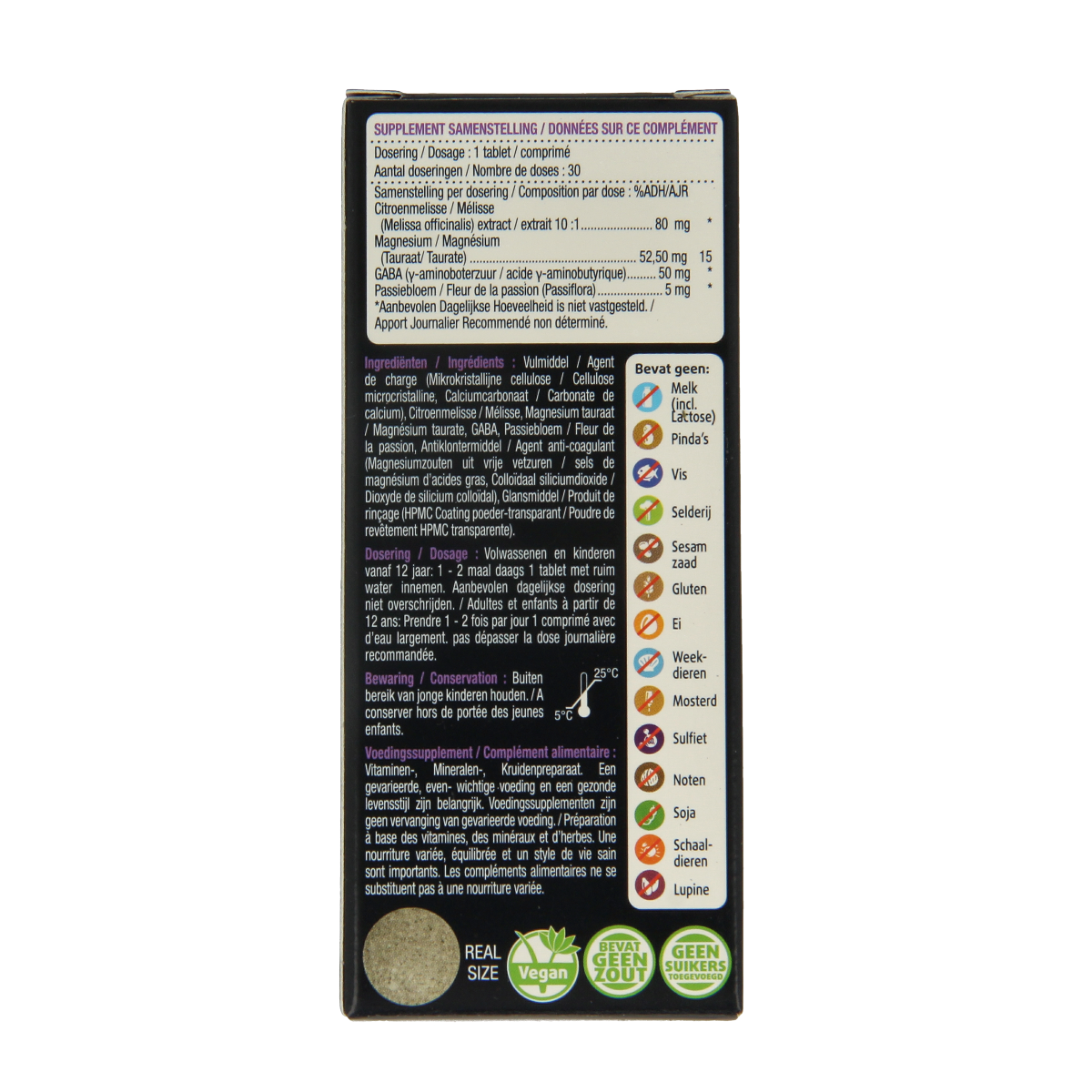 Lucovitaal Rust Balans herbal supplement bottle with 30 tablets, featuring natural ingredients and health benefits.