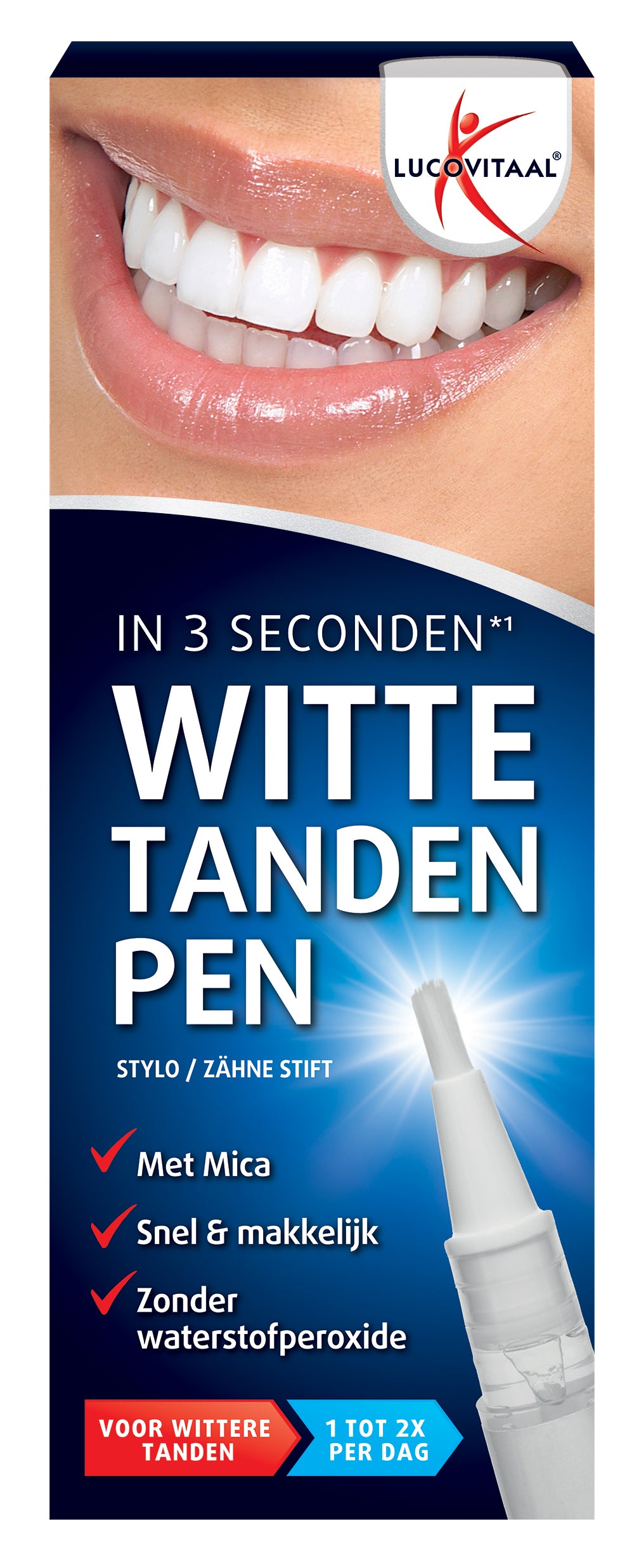 Lucovitaal Witte tanden pen for oral care, featuring a compact design for teeth whitening and dental hygiene.