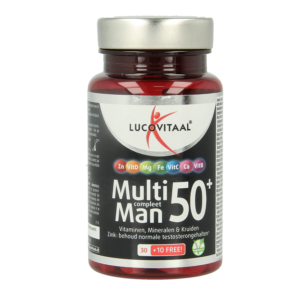 Lucovitaal Multi Compleet Man 50+ vitamin multivitamin tablets, showing the supplement bottle with tablets inside.
