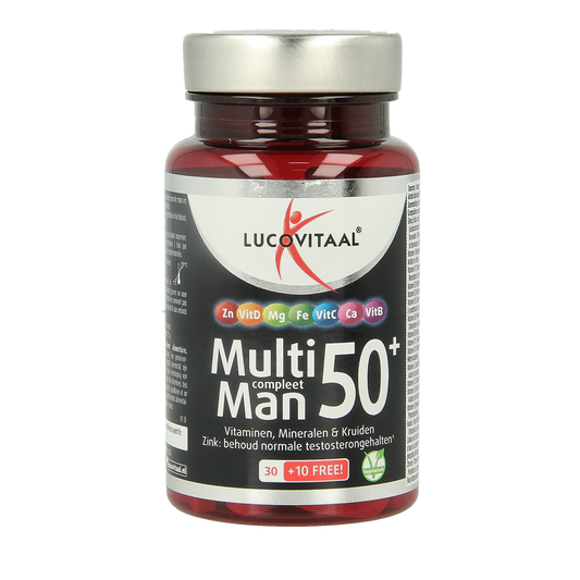 Lucovitaal Multi Compleet Man 50+ vitamin multivitamin tablets, showing the supplement bottle with tablets inside.