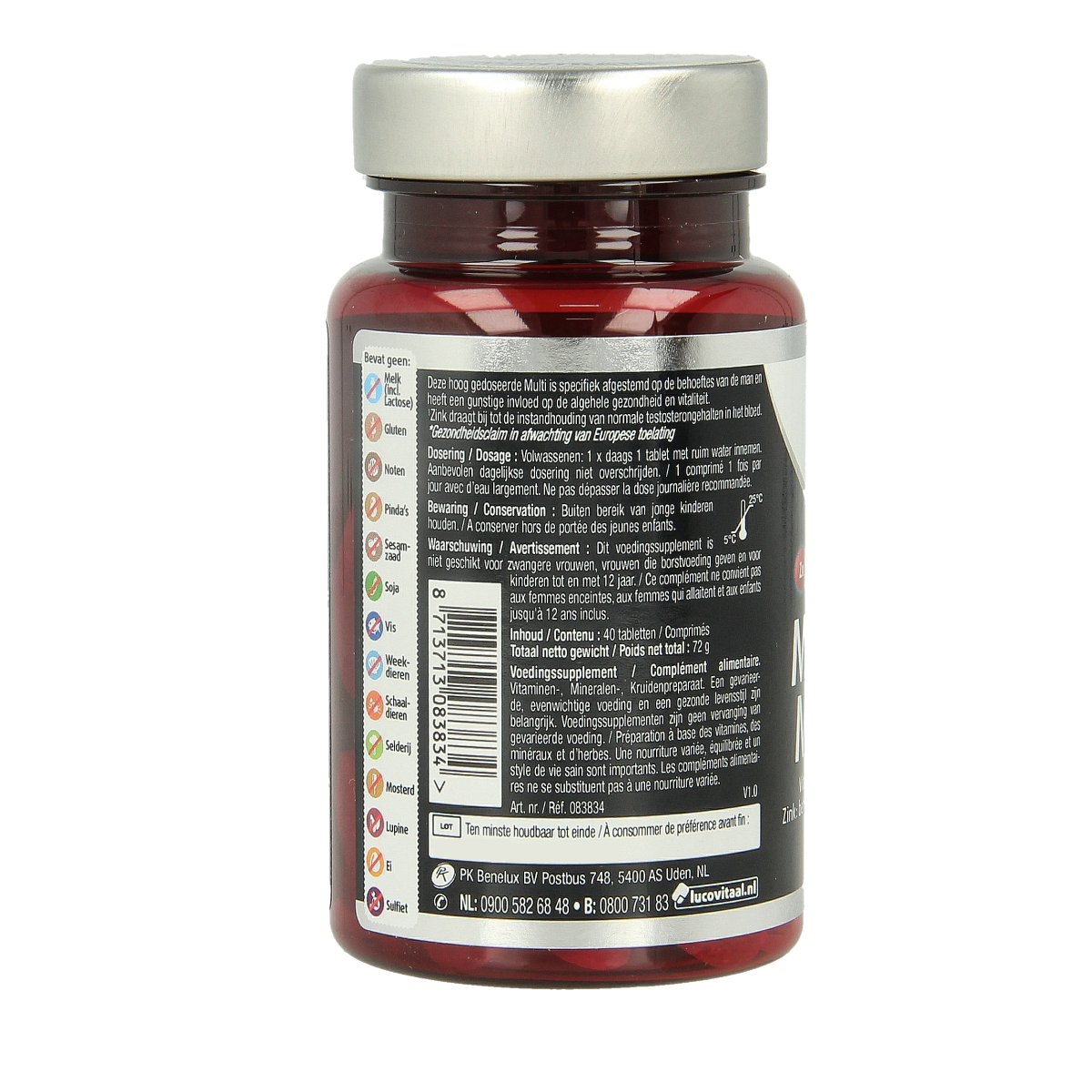 Lucovitaal Multi Compleet Man 50+ multivitamin tablets, showing the bottle with 40 tablets for men's health and daily nutrition.