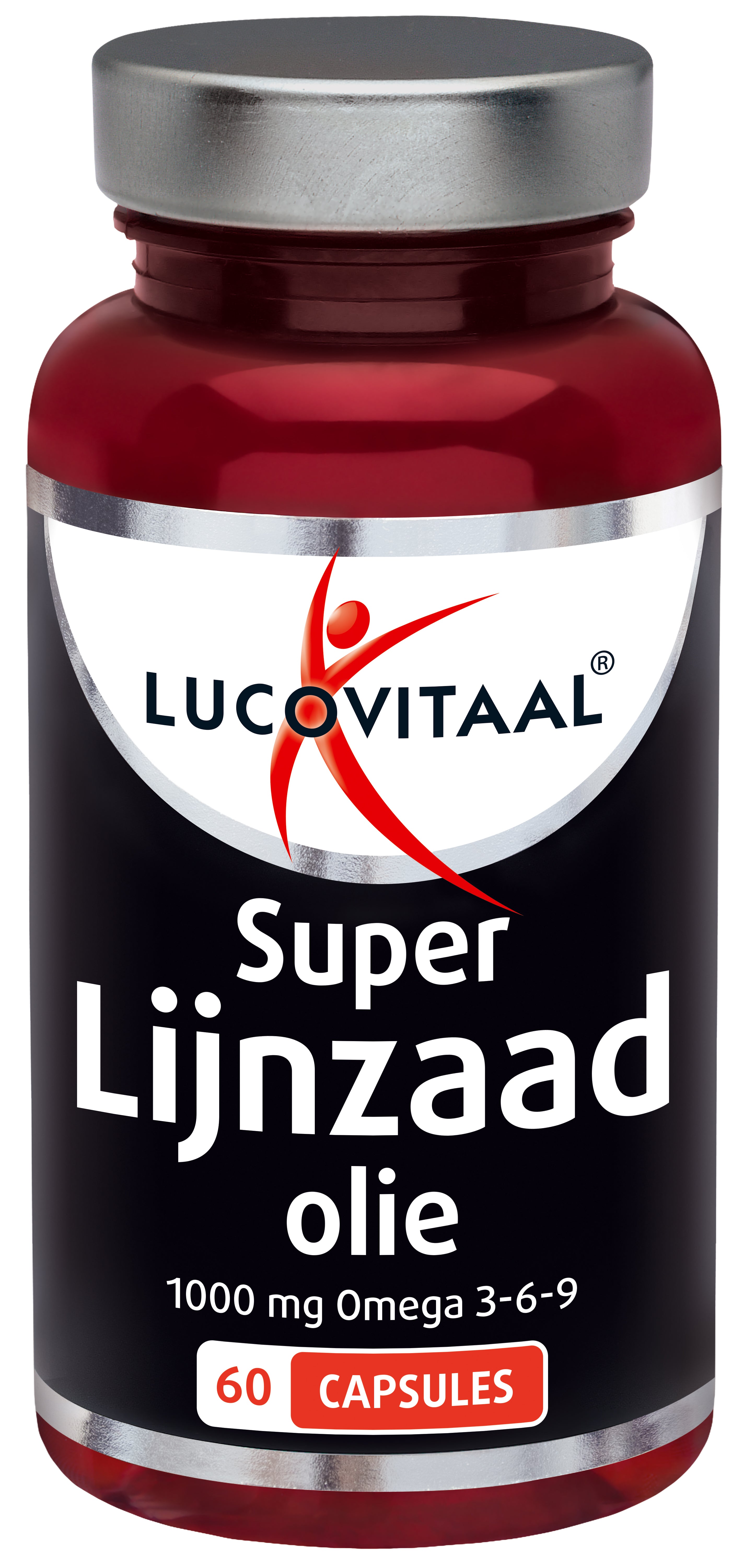 Lucovitaal lijnzaadolie capsules, dietary supplement containing omega fatty acids, shown in a bottle with capsules.